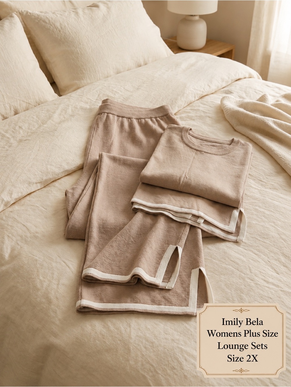 Relaxed Wide Leg Lounge Jumpsuit Set in Beige with White Trim - Picture 4 of 5